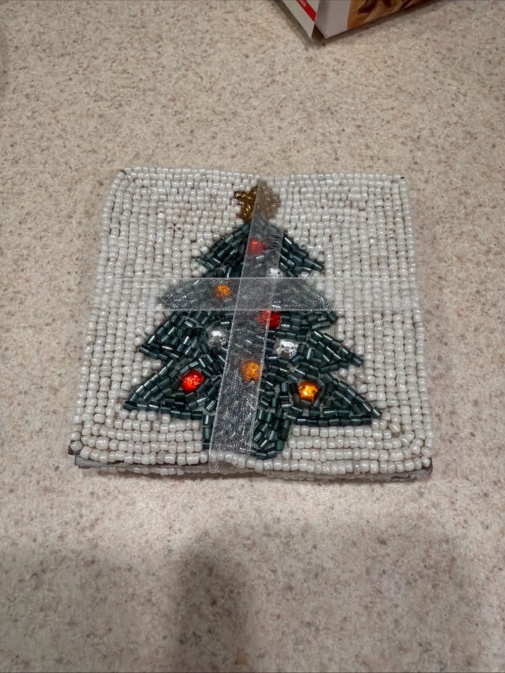 lola Beaded Holiday Coaster with Green Tree and Gold Accents